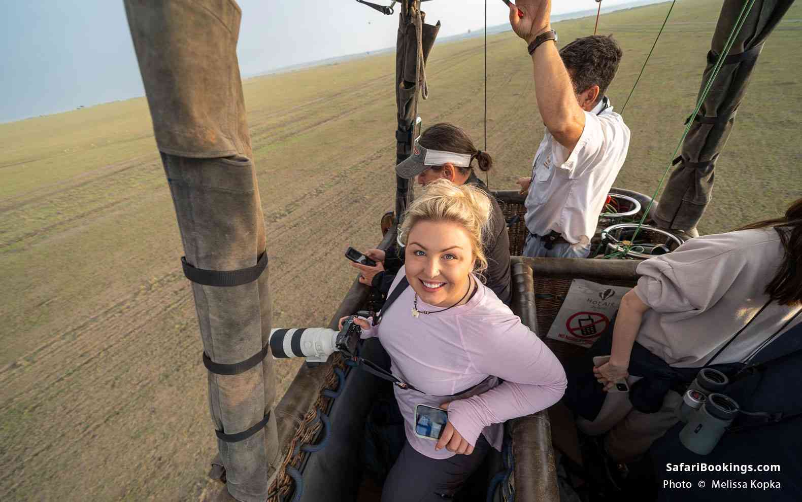 Floating high above the Masai Mara savannah plains on a hot-air balloon safari