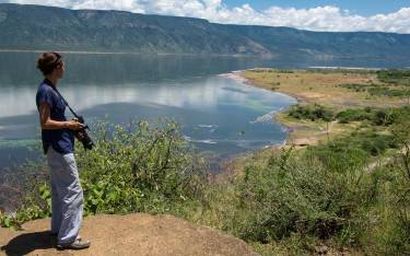 Visitor viewing the lake and flamingos