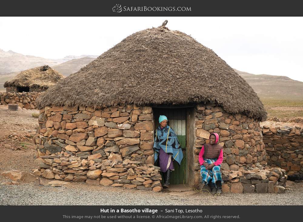 Basotho hut and villagers, Sani Top in Sani Top, Lesotho