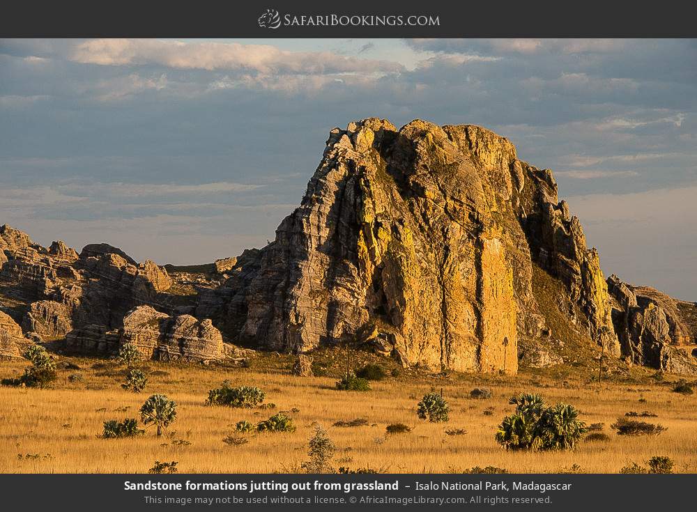 Sandstone formations jutting out from grassland, Isalo NP in Isalo National Park, Madagascar