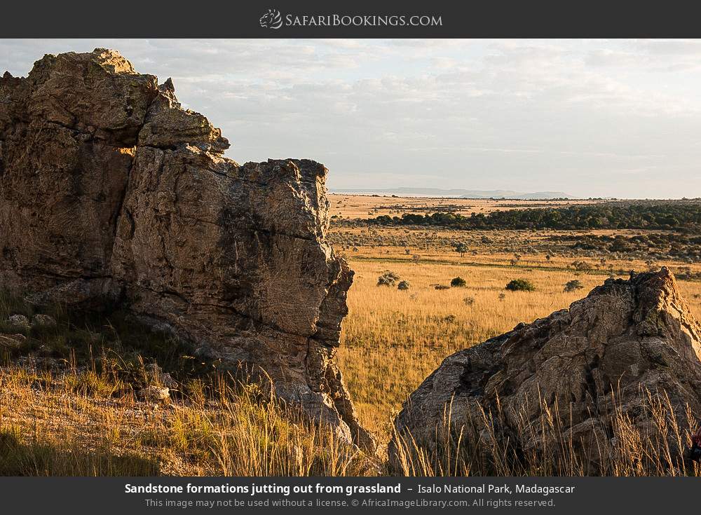 Sandstone formations jutting out from grassland in Isalo National Park, Madagascar
