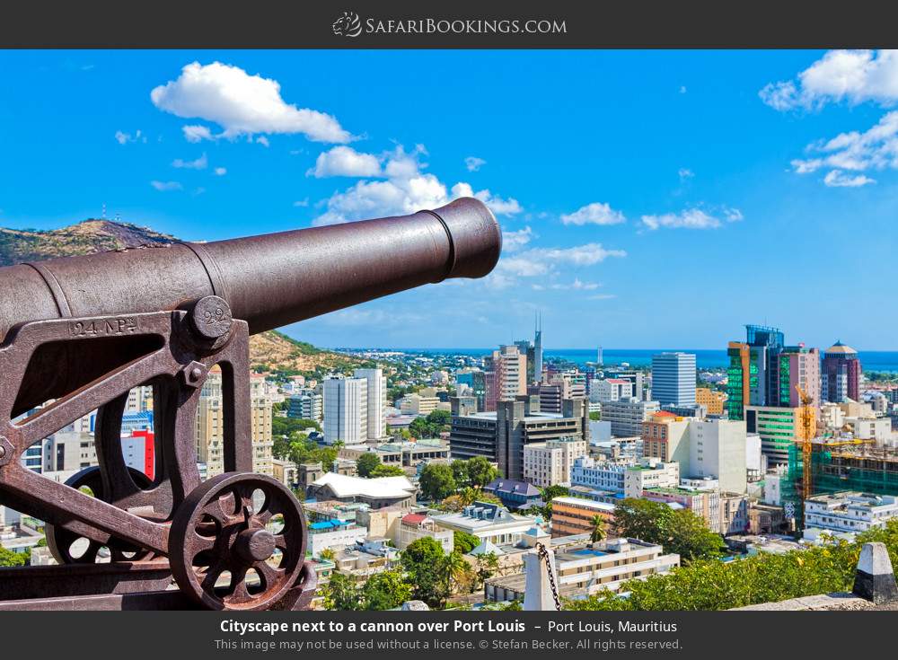Cannon and Port Louis cityscape in Port Louis, Mauritius