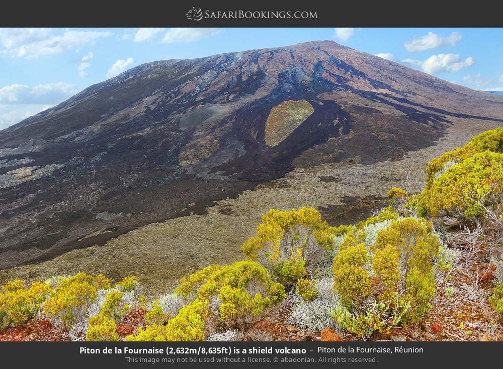Piton de la Fournaise (2,632m/8,635ft) is a shield volcano in Piton de la Fournaise, Réunion