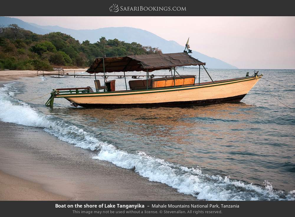 Boat on the shore of Lake Tanganyika in Mahale Mountains National Park, Tanzania