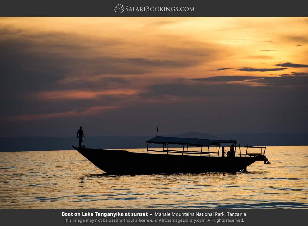 Boat on Lake Tanganyika at sunset in Mahale Mountains National Park, Tanzania