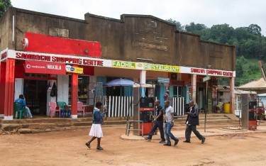 Street scene with old petrol station