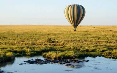 Hot-air balloon flying over the savannah