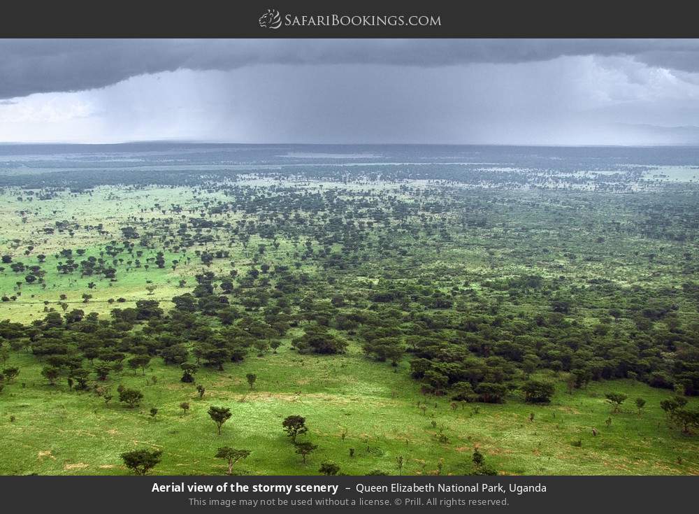 Aerial view of stormy skies over the landscape in Queen Elizabeth National Park, Uganda